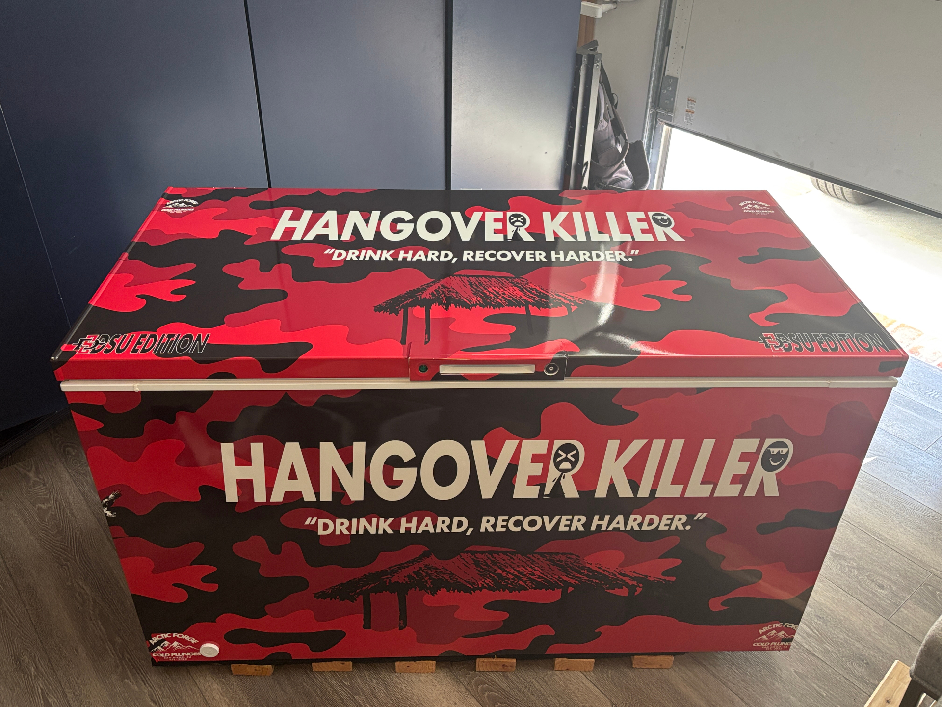 Hangover Killer cold plunge in red and black SDSU camo wrap